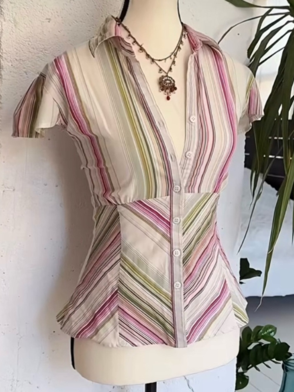 Vintage Striped V-Neck Button Front Women’s Top